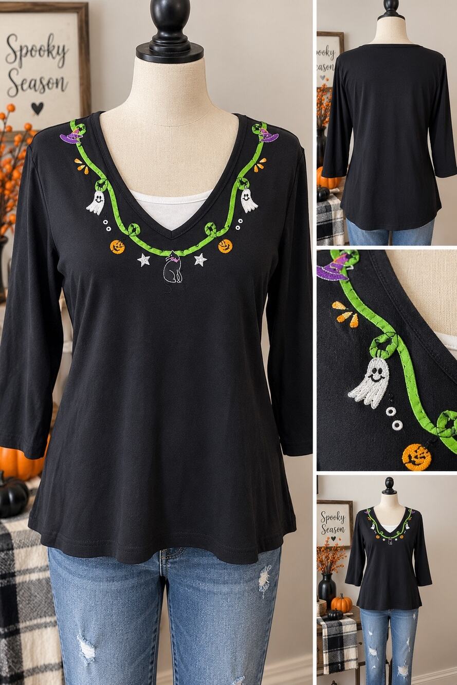 Crystal-Kobe Halloween Embroidered Black 3/4 Sleeve Top Ghost Cat Pumpkin XL